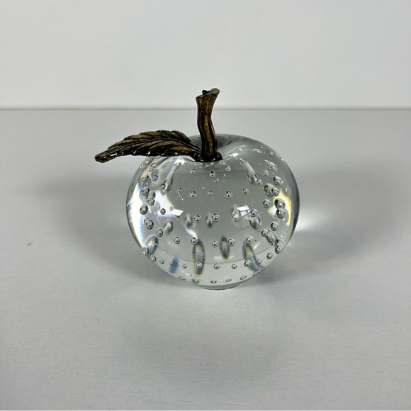 Clear Glass Apple Paperweight W/Brass Stem & Leaf Controlled Bubbles Vintage - Picture 3 of 6